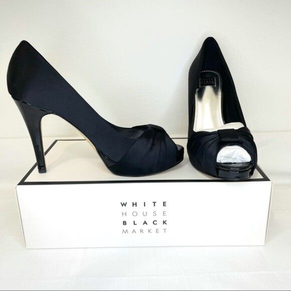 WHITE HOUSE BLACK MARKET Size 7M  ”RAY” Black Satin Peep Toe Stiletto Heels